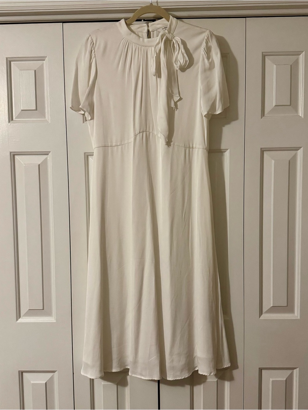 LK Bennett Ivory Short Sleeve Tie-Neck Midi Dress, New With Tags, Size 10 US